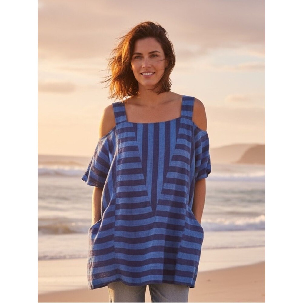 Soft Surroundings 1x Blue Stripe Linen Cold Shoulder Top Tunic Short Sleeve Boho